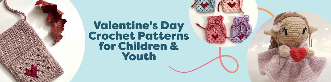 Valentine's Day crochet patterns for children and youth shown together: heart phone bag, mini bag, pouch, doll, and earrings in pink and red from Hobbii.