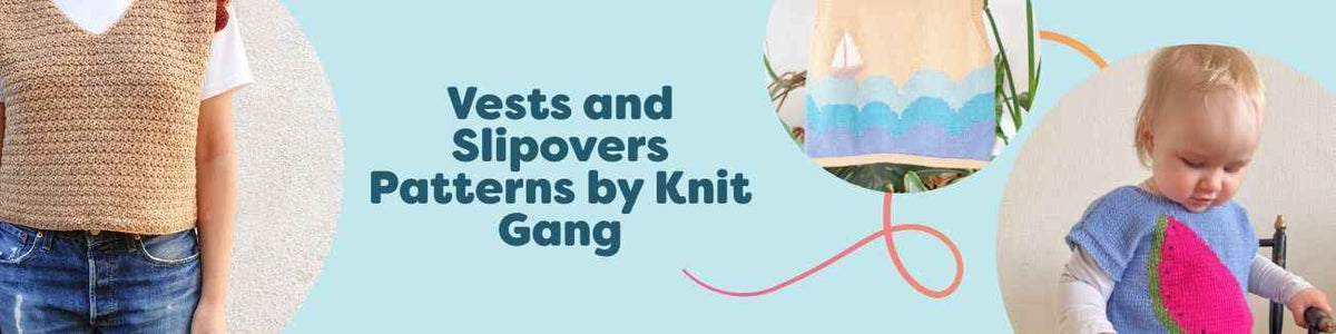 Assorted Knit Gang vests and slipovers—kids’ fruit motifs and minimalist adult styles—made with soft Hobbii yarns.