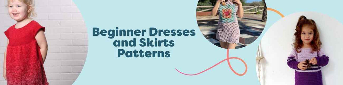 Free beginner knit and crochet dress and skirt patterns from Hobbii shown in summer colors on models and mannequins.