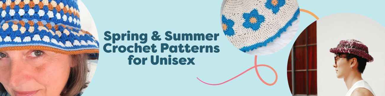 Assorted spring and summer unisex crochet patterns from Hobbii—lightweight hats and shirts made with raffia and cotton yarns.