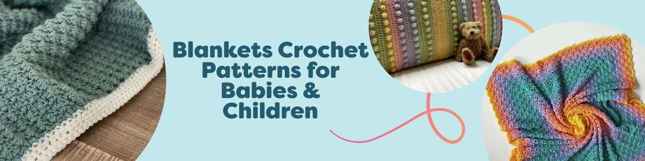Assortment of baby and kids crochet blankets in soft pastels and bright colors, folded and draped with Hobbii yarn on a nursery bed.