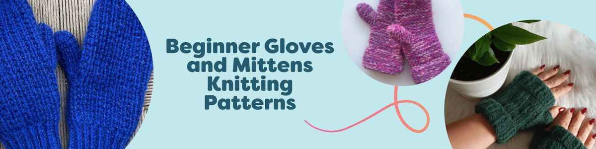 Selection of beginner-friendly knitted gloves and mittens patterns from Hobbii, including baby mittens, fingerless gloves, and arm warmers.
