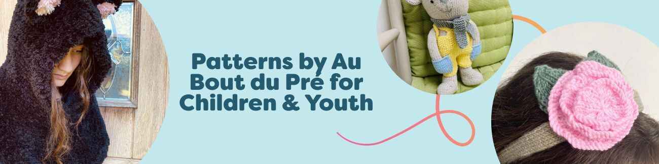 Au Bout du Pré children’s crochet patterns at Hobbii: hooded cat cape, spider mitts, bear shoulder bag, headband, and teddy—playful projects for kids.