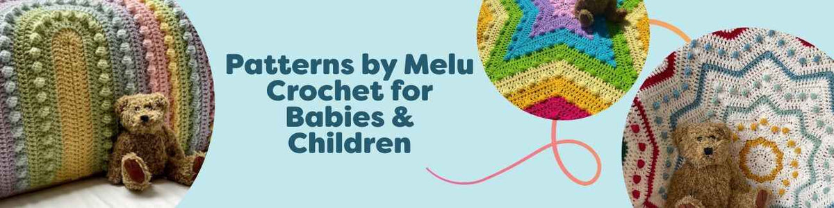 Collection of Melu Crochet baby and kids patterns at Hobbii featuring colorful blankets with star motifs and bobble hearts, including PopStar and Atria Bobble Heart.
