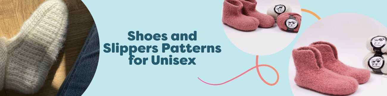 Unisex knit and crochet slipper patterns from Hobbii: cozy felted house shoes and easy evening slippers in neutral yarns.