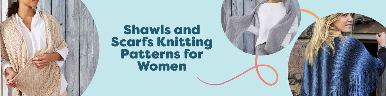Models wearing knitted shawls, scarves, and bandanas in assorted colors—free women’s patterns from Hobbii.