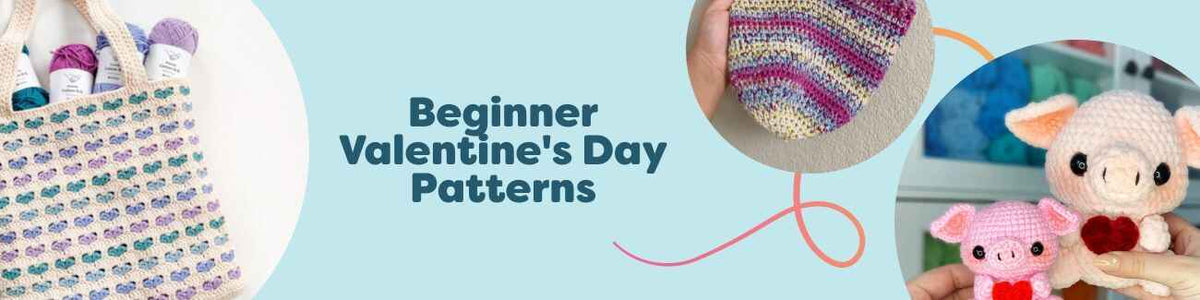Collage of beginner Valentine’s Day knitting and crochet patterns from Hobbii: heart coasters, LOVE pillow, hand-holding mittens, piglet toy, and a heart bag.