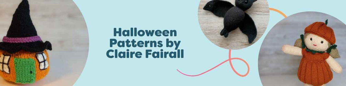 Collage of five Halloween crochet patterns by Claire Fairall for Hobbii: Bernard Bat, Pumpkin House, pumpkin doll outfit, Candy Pumpkins, and Tweedy Pumpkins in autumn yarn colors.