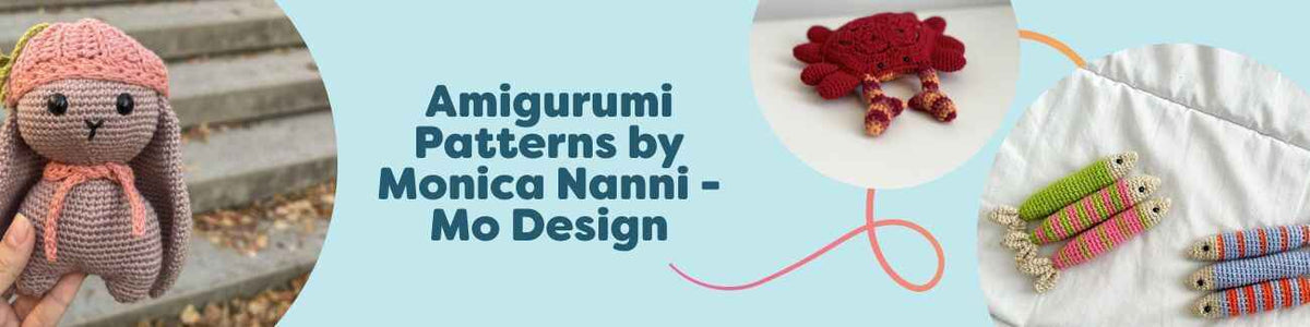 Amigurumi crochet patterns by Monica Nanni (Mo Design) featuring Poppy the Easter Bunny, Mr. Claws the crab, and Porto Sardines, presented by Hobbii.