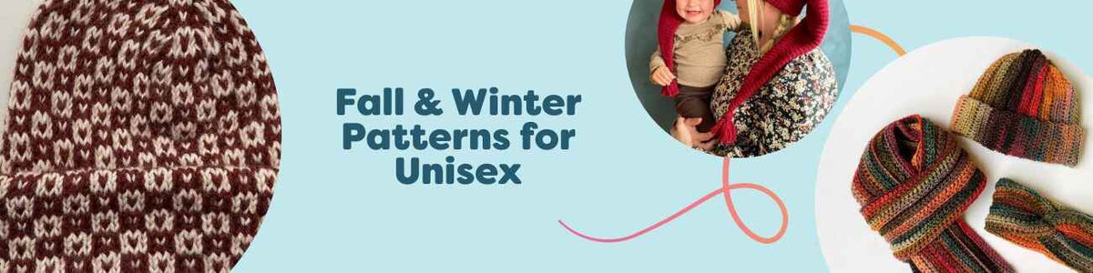Unisex fall and winter knitting and crochet patterns from Hobbii featuring cozy beanies, scarves, snoods, and headbands for cold-weather makes.