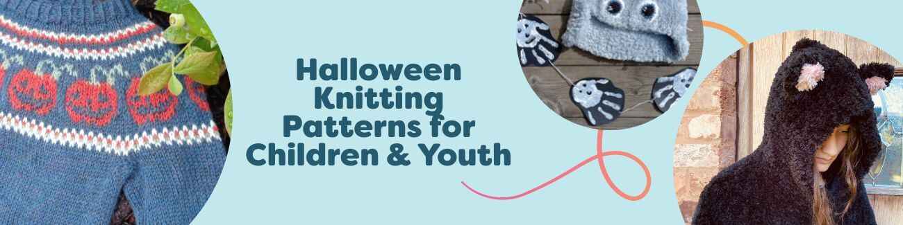 Kids in Halloween knits: pumpkin sweater, monster hat, hooded cat cape, plus doll pumpkin outfit and candy pumpkin décor; bright fall colors.