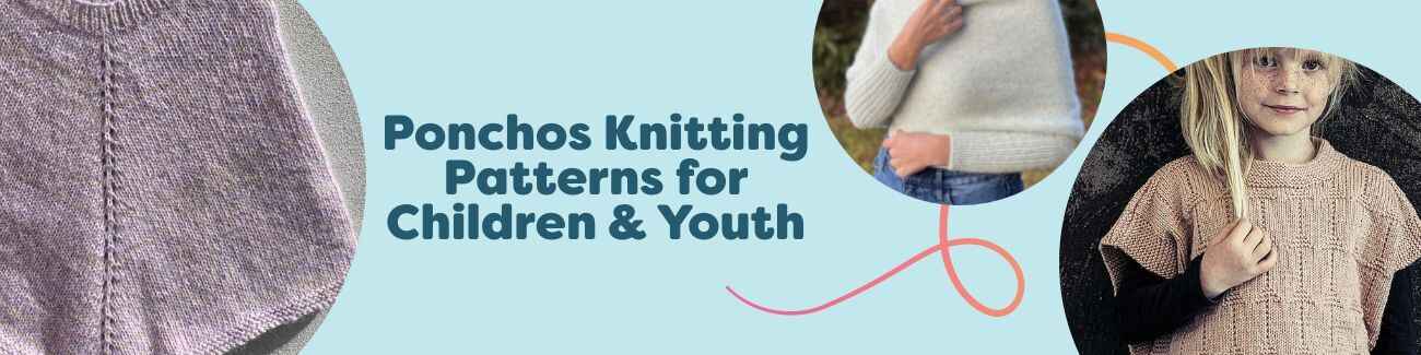 Kids and tweens wearing knitted ponchos in soft and bright colors—summer-weight, buttoned-side, and wrap-style designs—featured in Hobbii children’s poncho patterns.
