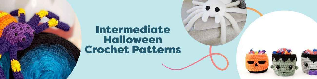 Flat lay of intermediate Halloween crochet projects: bat and tarantula, spider pillow, eyeball garland, and candy baskets.