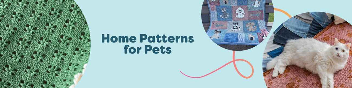 Hobbii Home Patterns for Pets collection image with knit and crochet pet blankets, a kitty couch, and a cozy pet bed made in soft yarns.