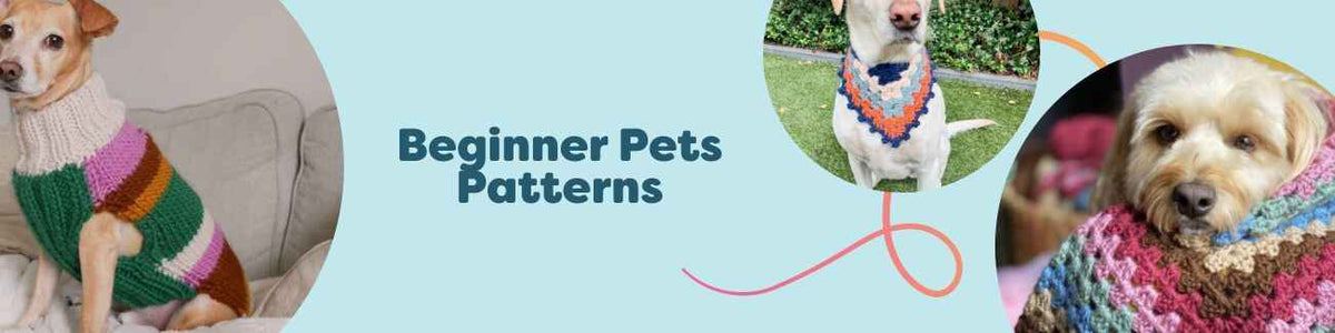 Beginner pet knitting and crochet patterns from Hobbii: dog bandanas, sweaters, snoods, and blankets in soft, colorful yarns.