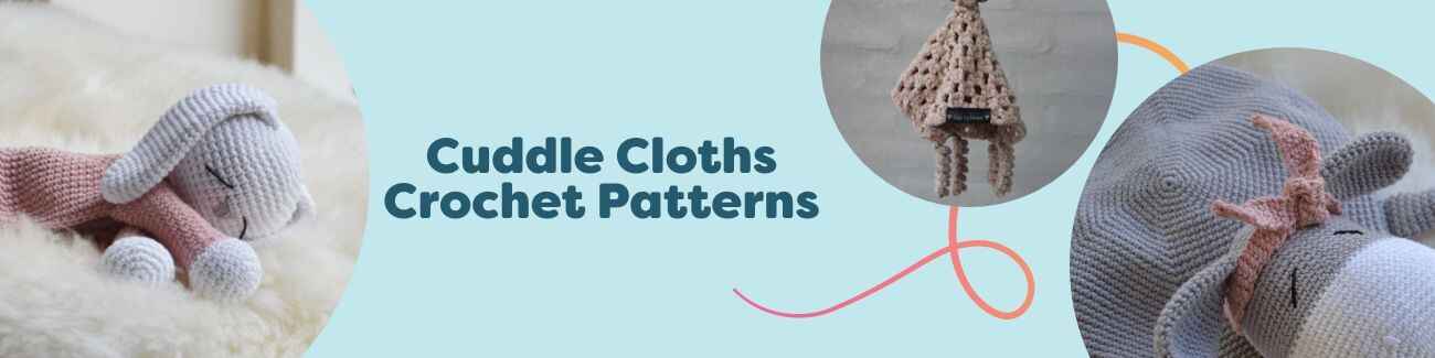 Selection of free crochet cuddle cloth and baby comforter patterns—bunny, lion, donkey, and bohéme velvet—styled with soft yarn in pastel tones.