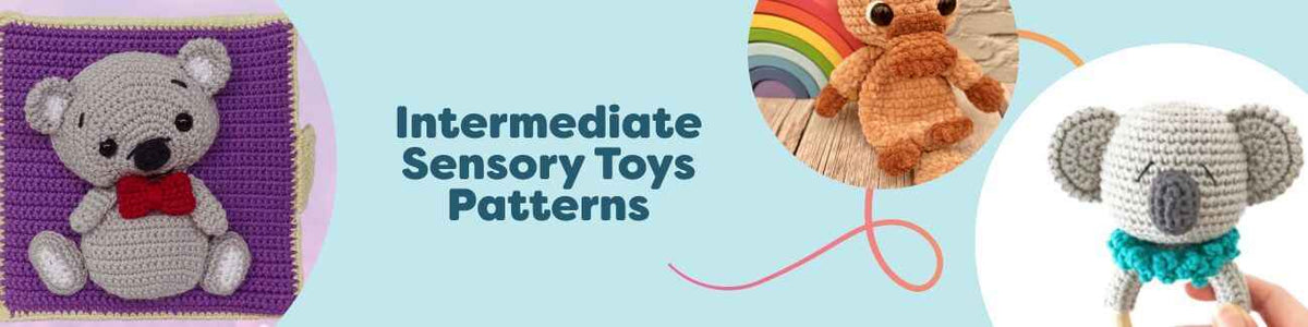 Intermediate sensory toy crochet patterns by Hobbii featuring quiet books, loveys, teethers, and soft toys styled with yarn and hooks.