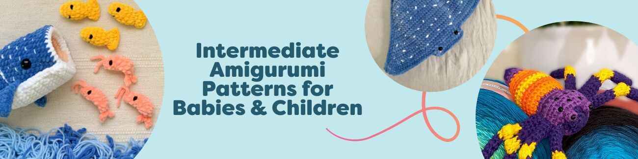 Grid of intermediate amigurumi crochet patterns for babies and kids from Hobbii: cuddly animal toys made with baby-safe yarn.