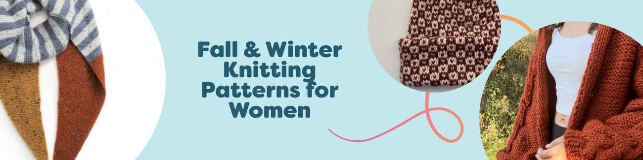 Women’s fall and winter knitting patterns—scarves, beanies, cardigans, and snoods—in warm seasonal yarns by Hobbii.
