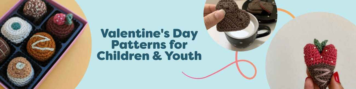 Collage of free Valentine’s Day knit and crochet patterns for children and youth from Hobbii: mini bags, Cupid bag, plush cookie, berries, and chocolates.