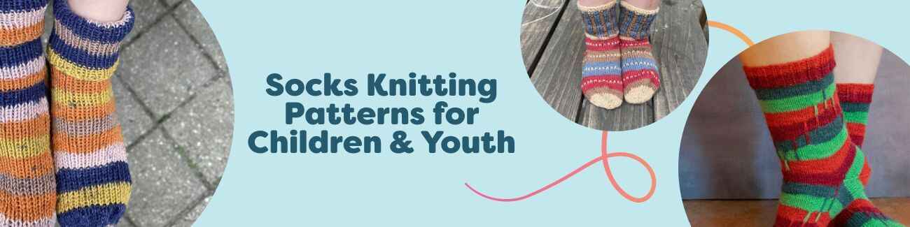 Assorted hand-knit children’s and youth socks in bright colors beside yarn skeins and needles—Hobbii patterns in baby, toddler, and teen sizes.