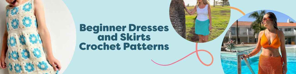 Collage of beginner-friendly crochet dresses and skirts, including a summer dress and beach cover-up skirts, styled with Hobbii cotton yarn.