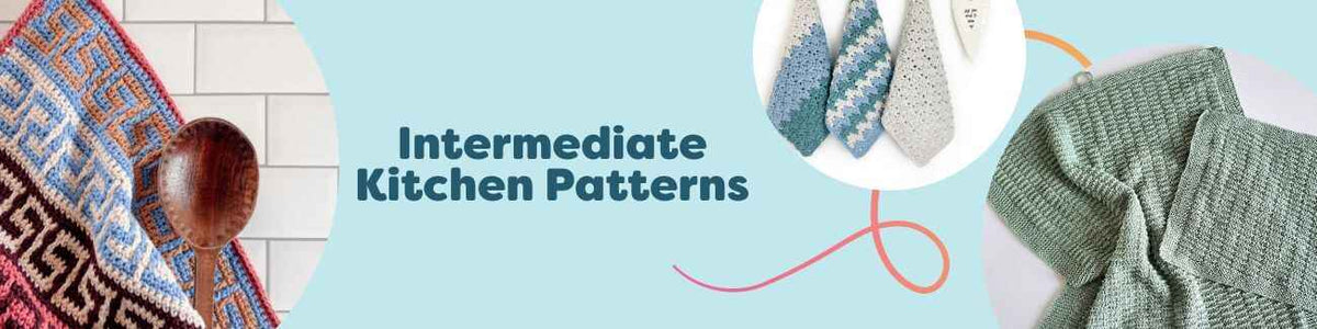 Handmade kitchen towels, dishcloths, and a small basket in cotton yarn - intermediate crochet and knit patterns from Hobbii.
