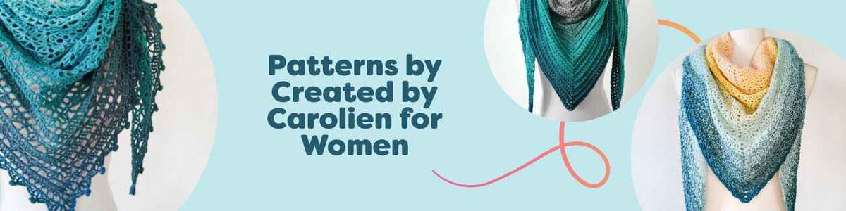 Women’s crochet patterns by Created by Carolien: shawls, a scarf, and a bag in soft yarns, styled together; downloadable PDFs from Hobbii.