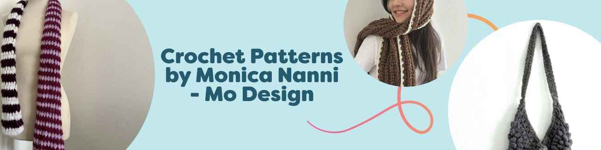Assorted free crochet patterns by Monica Nanni (Mo Design) for scarves, bags, and a child's dress, shown in Hobbii yarns.