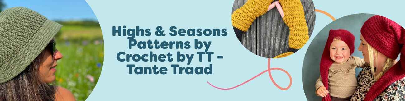 Highs & Seasons crochet pattern collection by Crochet by TT – Tante Traad for Hobbii, featuring bucket hats, wrist warmers, and family-friendly festive hats in seasonal colors.