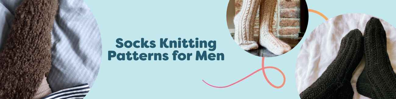 Assorted men's hand-knit socks—ribs, cables, and Norwegian colorwork—stacked with Hobbii sock yarn skeins and knitting needles on a wooden surface.