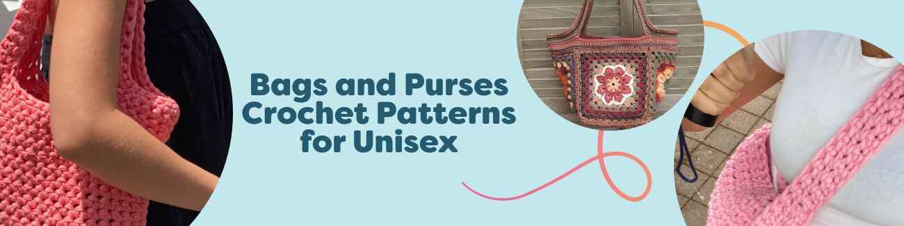 Unisex crochet bag collection: handmade tote, crossbody, messenger, and rainbow purse in cotton yarns, styled on neutral backdrop. Hobbii pattern range.