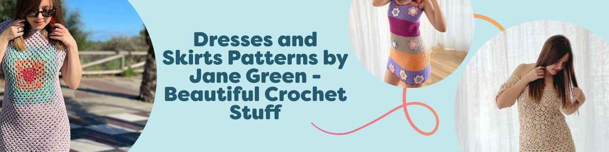 Collage of free crochet dress and skirt patterns by Jane Green from Hobbii, featuring floral lace details in designs like Harmony of Hues and Damask Rose.