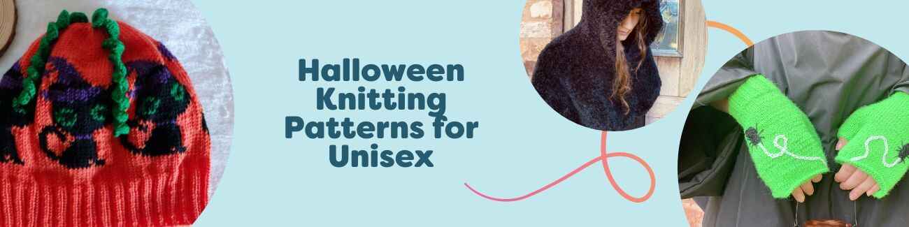 Unisex Halloween knitting patterns from Hobbii: black cat hat, hooded cat cape, spider mitts, and Pumpkinstein socks in cozy autumn yarns.