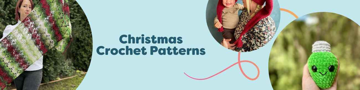 A curated selection of Christmas crochet patterns from Hobbii featuring pixie hats, shawls, blankets, plush candy cane pillows, and festive home décor in classic holiday colors.