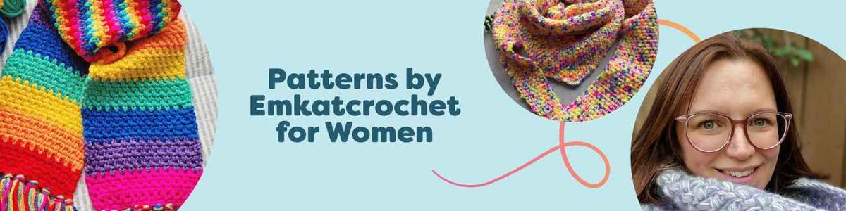 Women wearing handmade crochet scarves and a cowl from Emkatcrochet patterns—moss stitch, puff stitch, and chunky rainbow styles—photographed for Hobbii.
