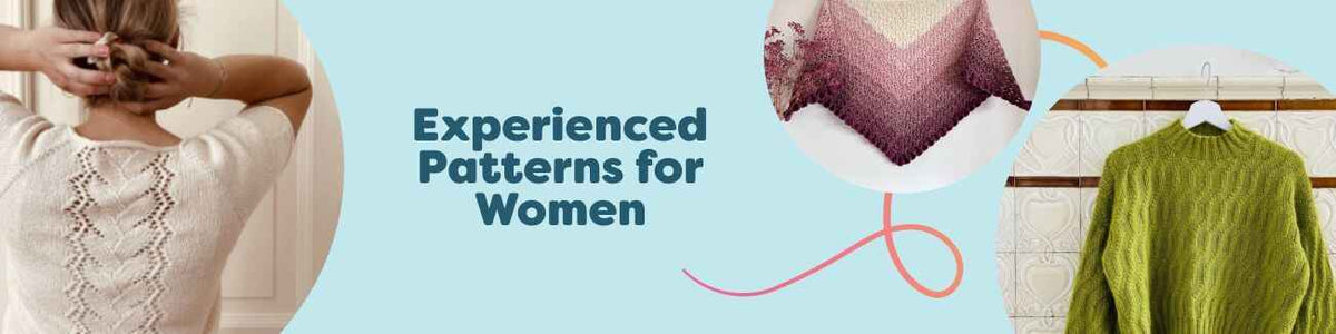 Selection of women’s intermediate knit and crochet patterns from Hobbii, featuring sweaters, tees, shawls, cardigans, and slipovers.