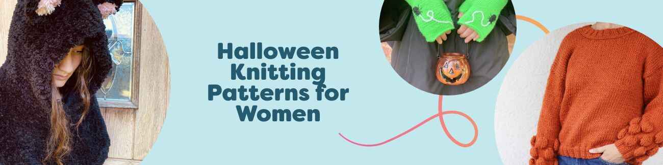 Collage of free Halloween knitting patterns for women: hooded cat cape, spider mitts, witch scarf, and cozy sweater from Hobbii.