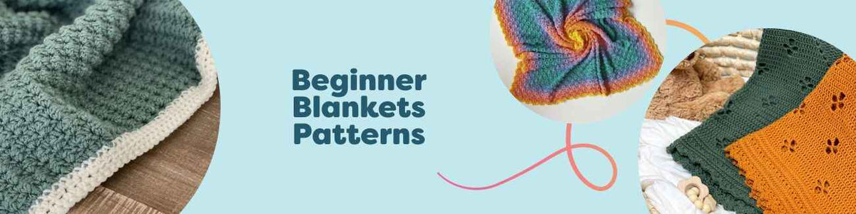 Assorted beginner-friendly crochet blanket patterns, including baby blankets and simple throws in soft, cozy yarns—ideal for new crocheters.