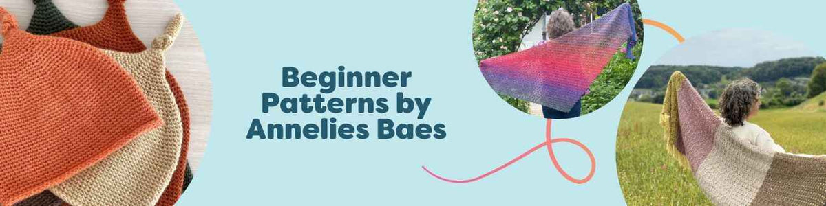 Collage of beginner crochet patterns by Annelies Baes for Hobbii: shawls, blanket, slipover, and baby hat made with soft yarns.