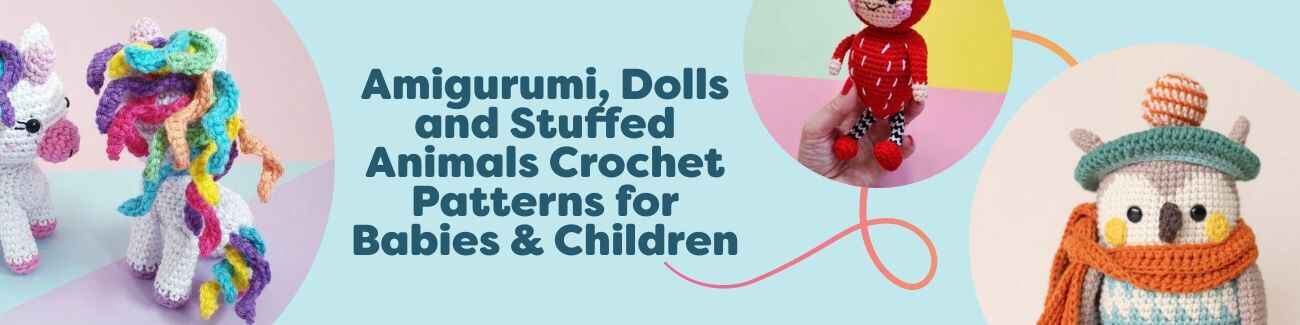 Collage of free amigurumi toys for kids—crocheted unicorn, owl, strawberry, dolls—styled with pastel yarn skeins from Hobbii in a soft, baby-safe palette.