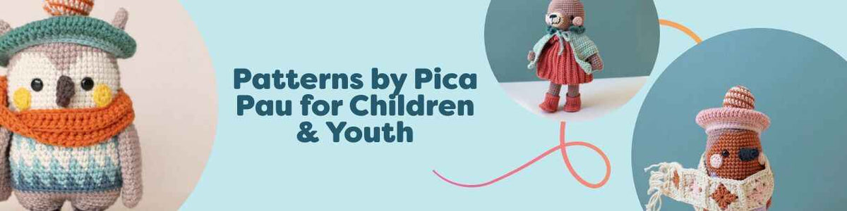 Collection of Pica Pau amigurumi crochet patterns for children and youth featuring owl, hare, robin, deer, and stoat soft toy designs.