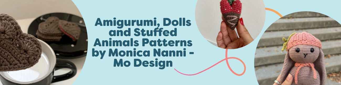 Assortment of amigurumi crochet toys by Monica Nanni (Mo Design)—cookie plush, berry, bunny, crab, and sardines made with soft Hobbii yarns.