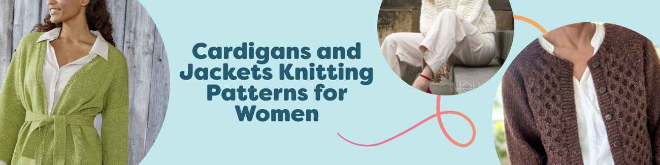 Collage of free women’s cardigan and jacket knitting patterns from Hobbii: kimono, textured, and classic styles in varied yarn weights and sizes.