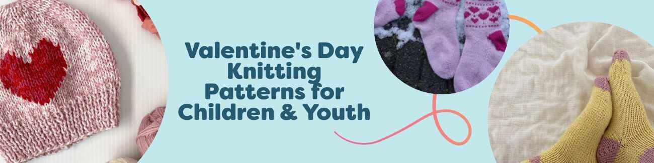 Valentine’s Day kids’ knitting patterns: heart‑motif beanie, socks, and small bags in red and pink, styled for children and youth.