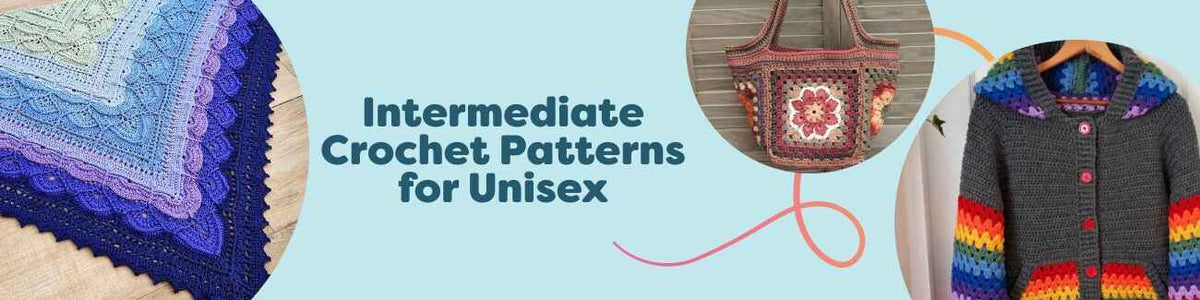 Unisex intermediate crochet patterns featuring shawls, beanies, bags, and hoodies from Hobbii.