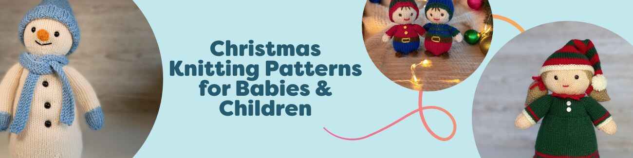 Collage of free Christmas knitting patterns for babies and children from Hobbii, featuring a children’s sweater, snowman toy, little elves, a Christmas stocking, and doll clothes in festive red, green, and white yarns.