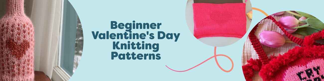 Flat lay of beginner Valentine’s Day knitting projects from Hobbii—a heart-accent laptop sleeve, a small gift bag, and a red-and-pink wine bottle sweater—styled with soft yarn skeins.