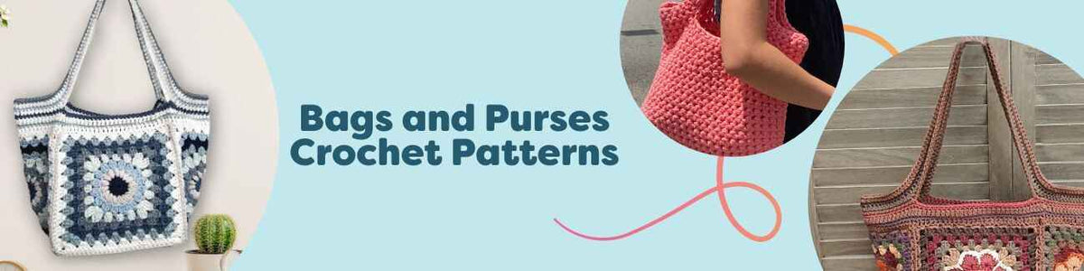 Assorted crochet bag and purse patterns from Hobbii, including totes, clutches, and market bags in various colors for beginner to intermediate makers.