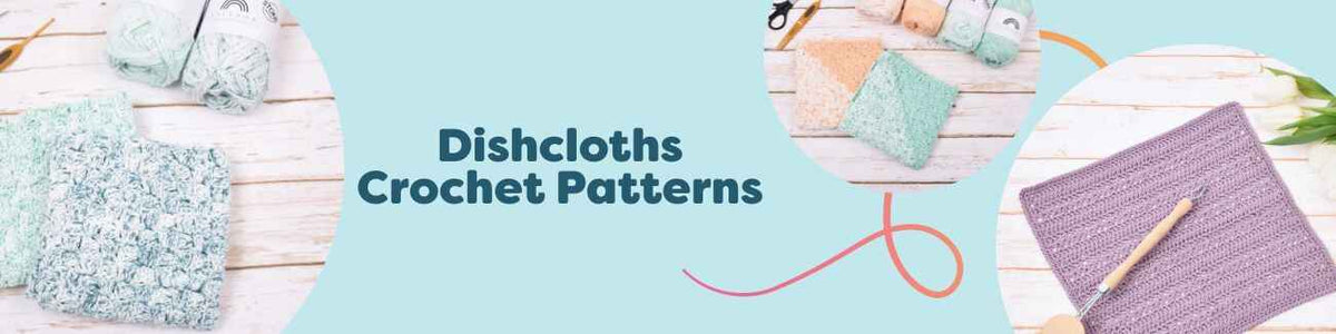 Selection of 19 free crochet dishcloth patterns by Hobbii, showing textured cotton designs like C2C, wattle stitch, and romantic motifs in assorted colors.